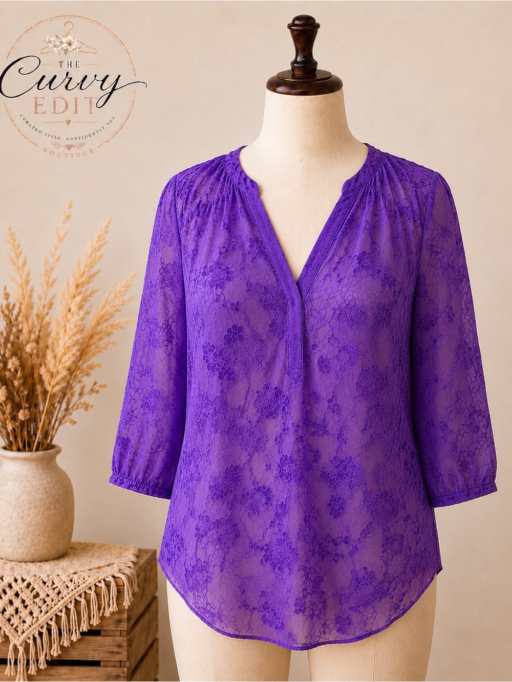Torrid Harper 2 Purple Sheer Floral Jacquard V Neck Blouse 3/4 Sleeve Plus